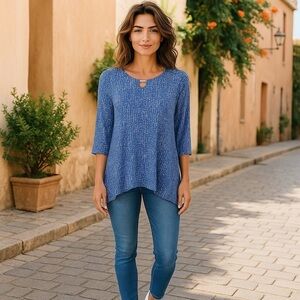 Rafaela Women’s Lg Blue/White Print Shirt 3/4 Slv Tunic W/ Cutout And Metal